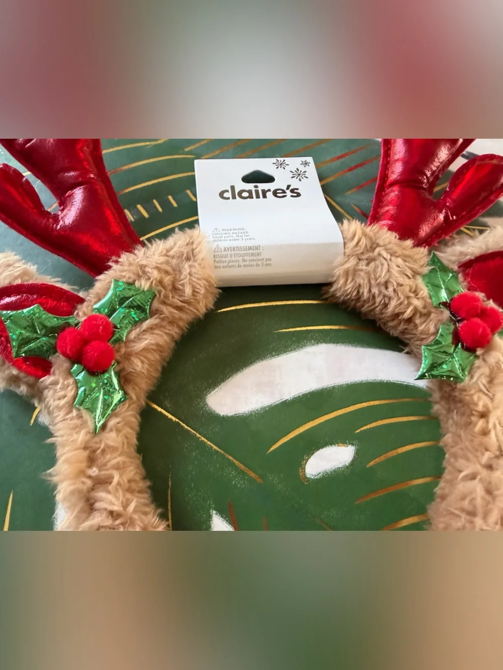 Claire’s Plush Reindeer Antler Christmas Headband Holly NWT